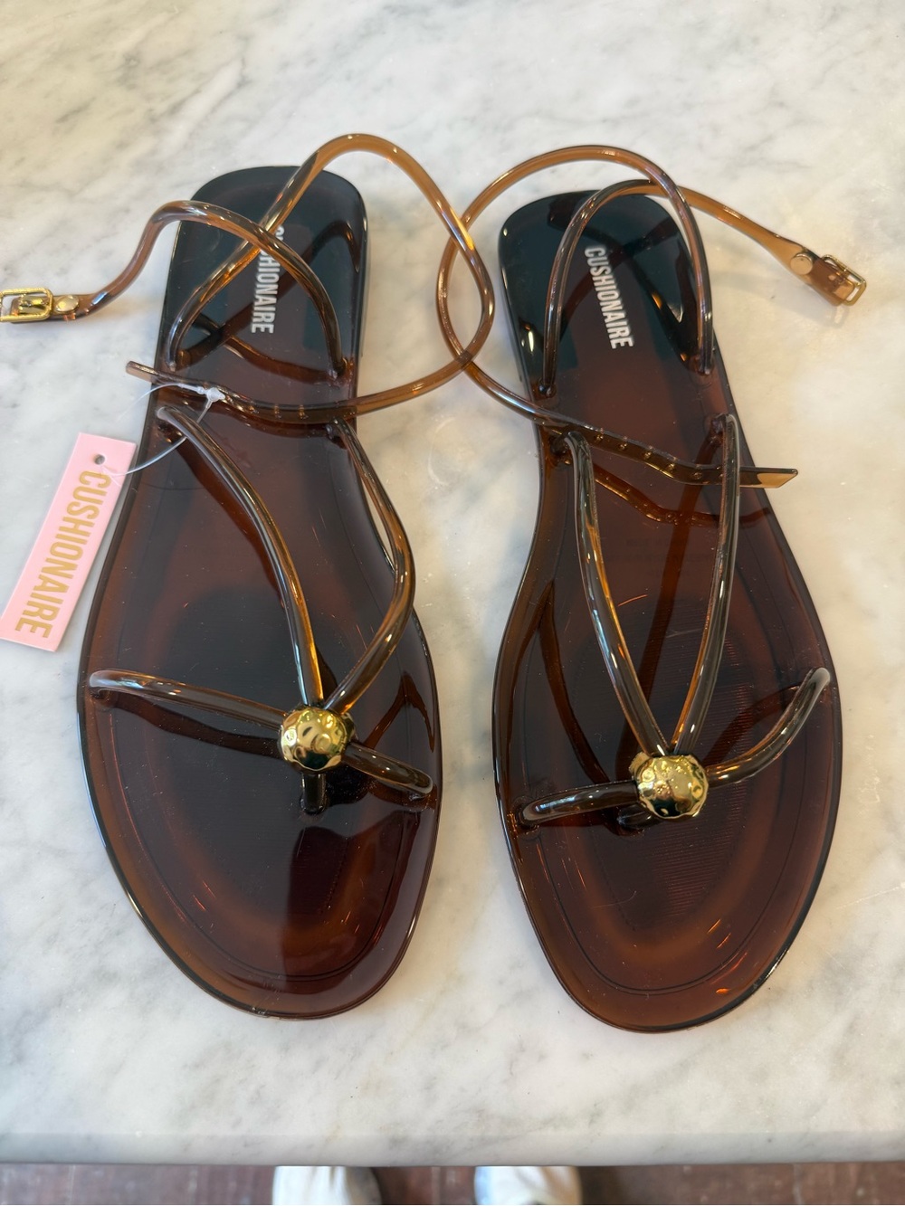 Cushionaire Women's Brown Jelly Ankle-Strap Sandals with Gold Accent